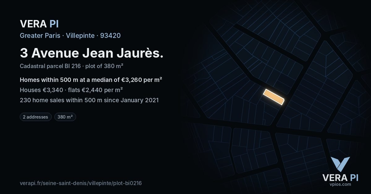 3 Avenue Jean Jaurès, Villepinte at night – the plot lit, the parcels around coloured by the prices near them