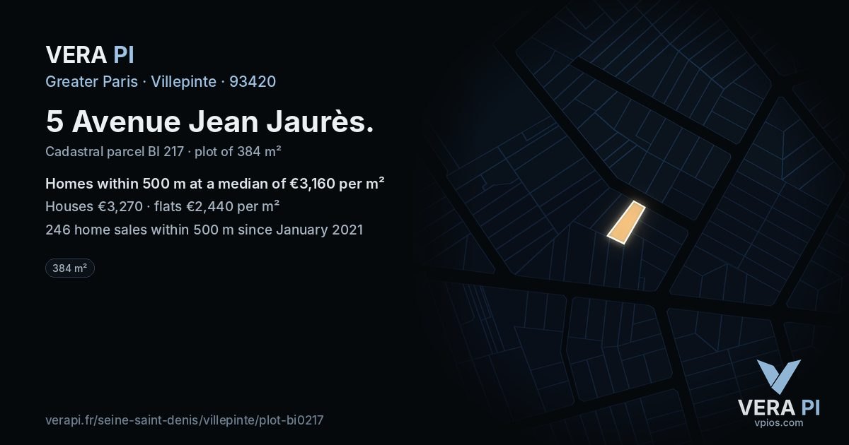5 Avenue Jean Jaurès, Villepinte at night – the plot lit, the parcels around coloured by the prices near them