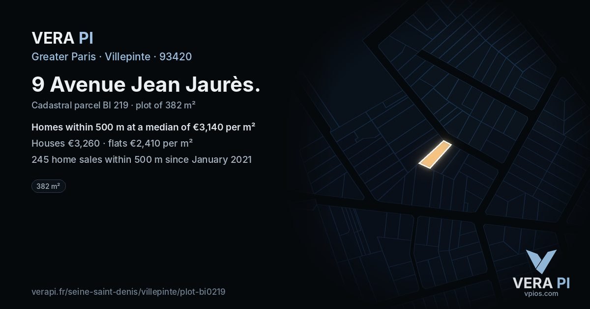 9 Avenue Jean Jaurès, Villepinte at night – the plot lit, the parcels around coloured by the prices near them