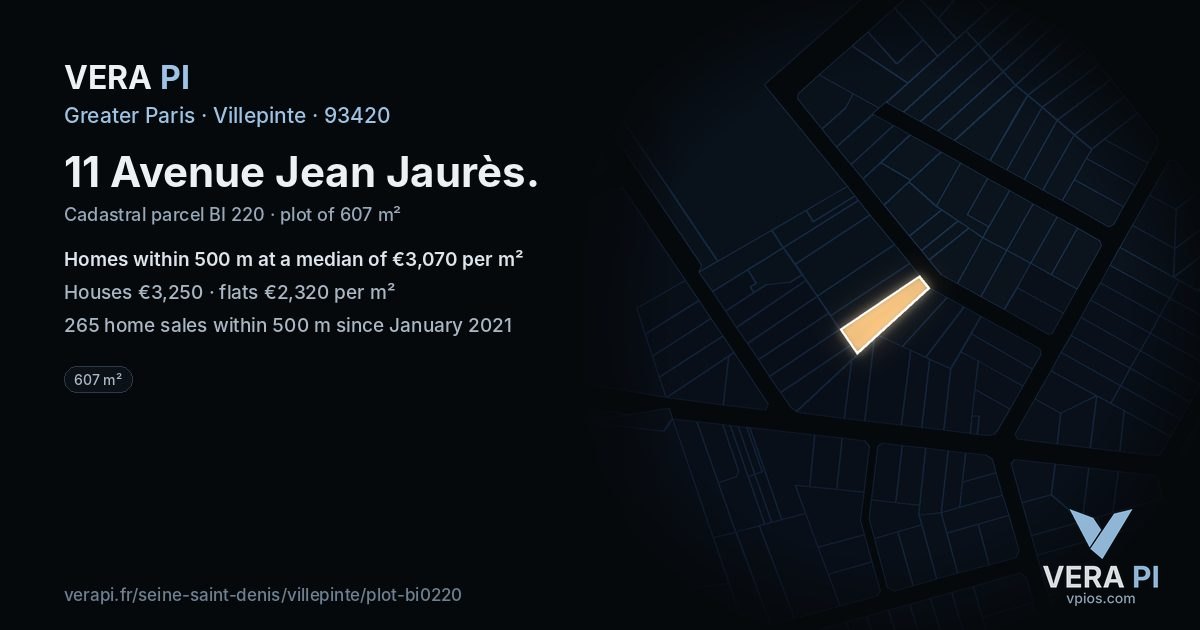 11 Avenue Jean Jaurès, Villepinte at night – the plot lit, the parcels around coloured by the prices near them