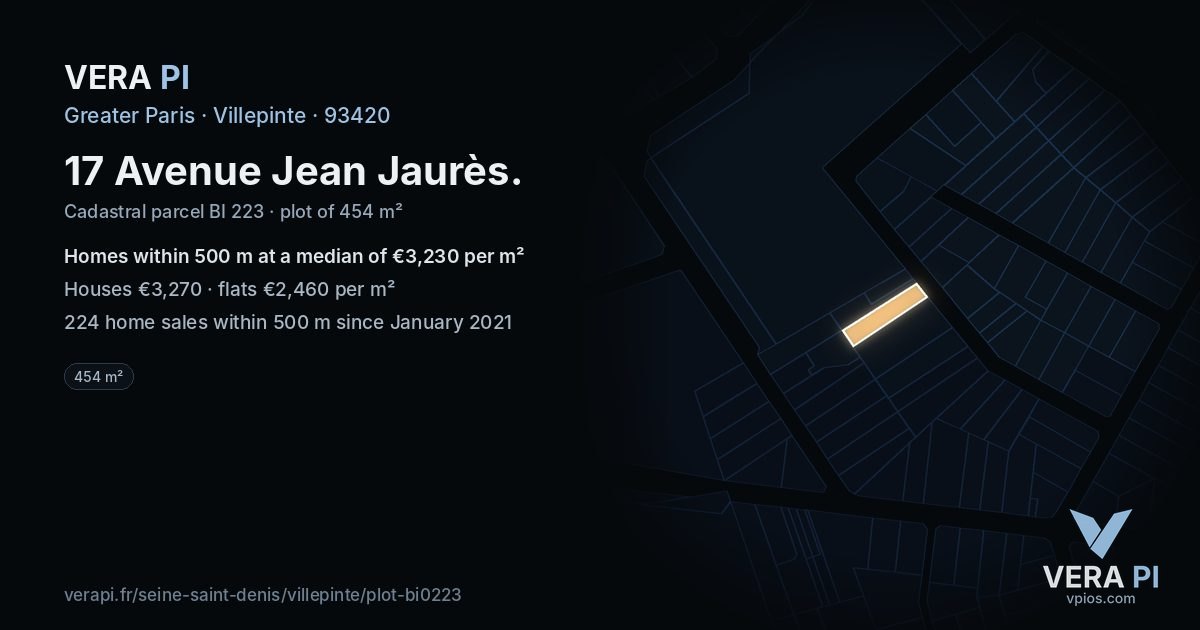 17 Avenue Jean Jaurès, Villepinte at night – the plot lit, the parcels around coloured by the prices near them