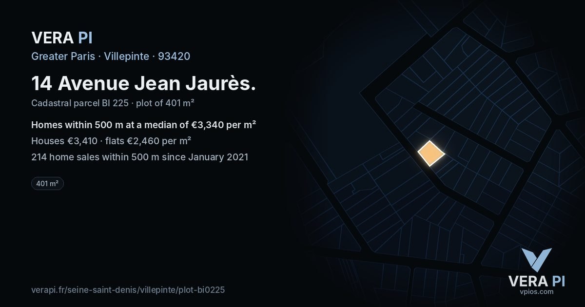 14 Avenue Jean Jaurès, Villepinte at night – the plot lit, the parcels around coloured by the prices near them
