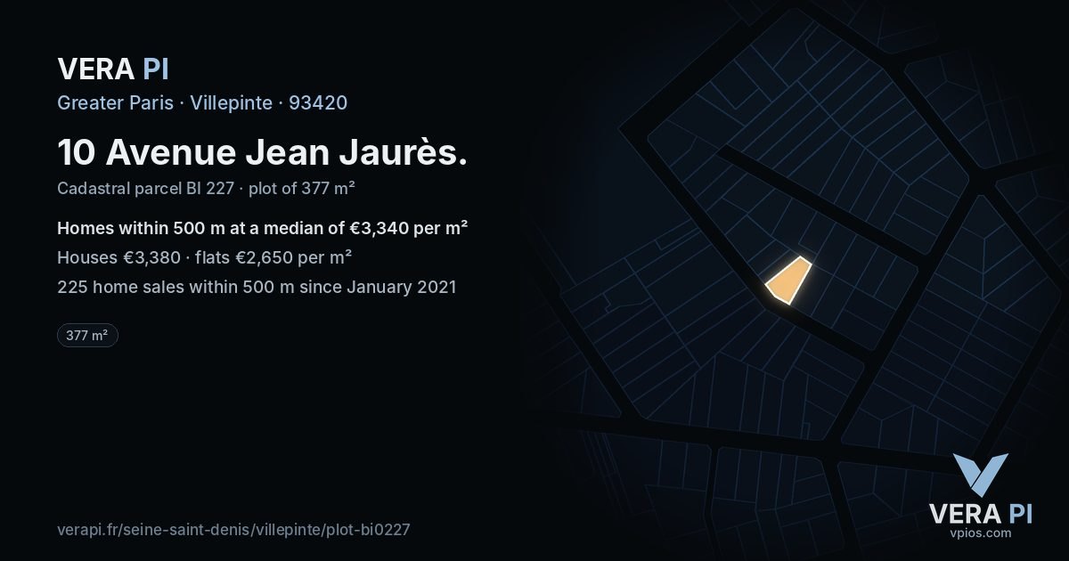 10 Avenue Jean Jaurès, Villepinte at night – the plot lit, the parcels around coloured by the prices near them