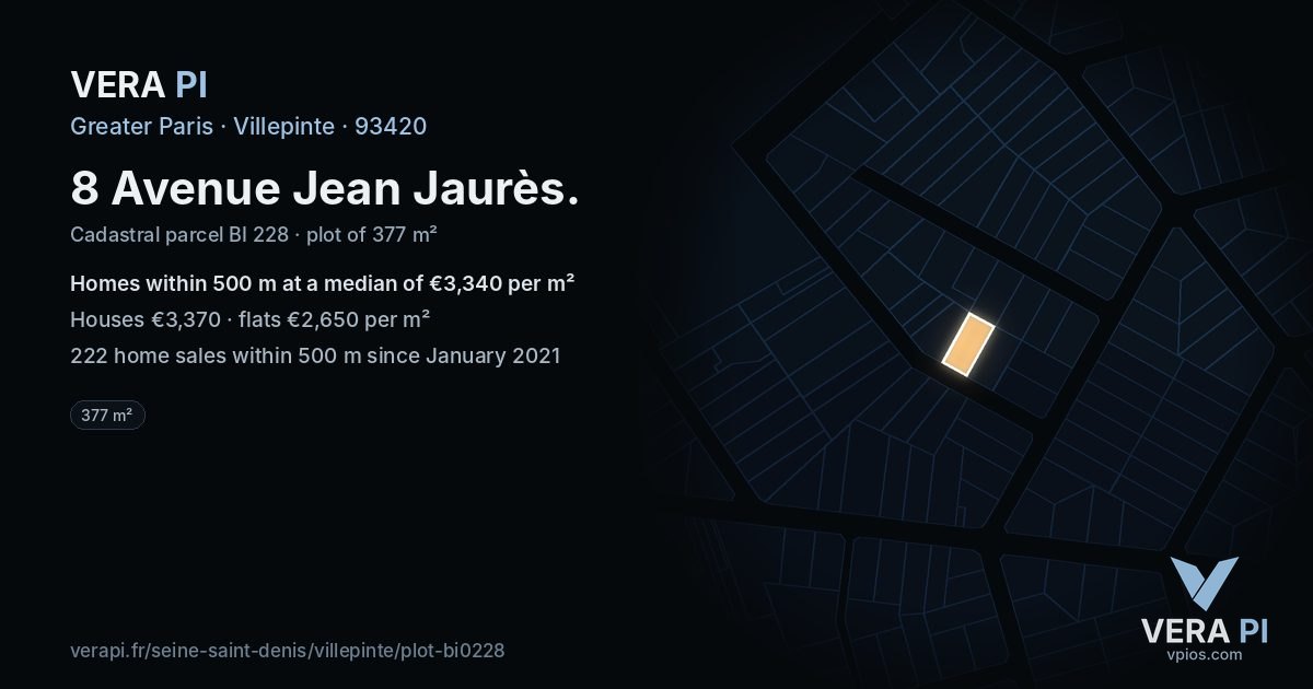 8 Avenue Jean Jaurès, Villepinte at night – the plot lit, the parcels around coloured by the prices near them