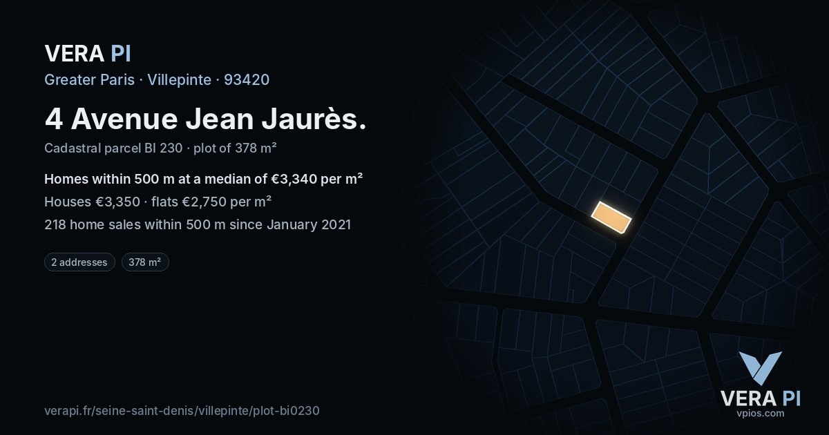 4 Avenue Jean Jaurès, Villepinte at night – the plot lit, the parcels around coloured by the prices near them