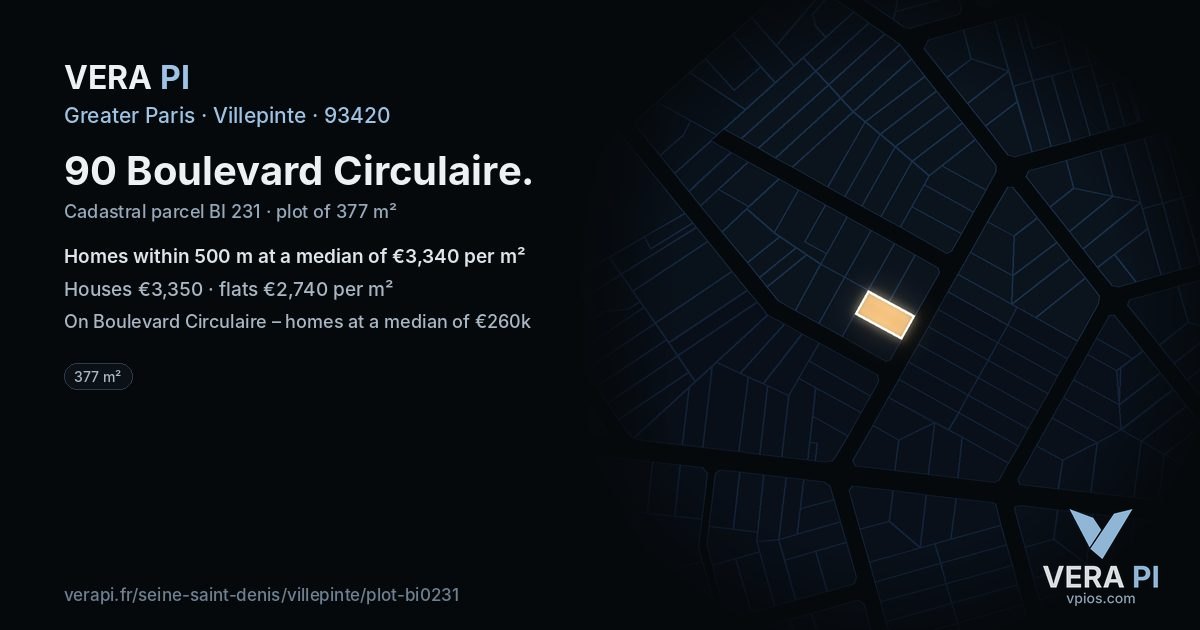 90 Boulevard Circulaire, Villepinte at night – the plot lit, the parcels around coloured by the prices near them