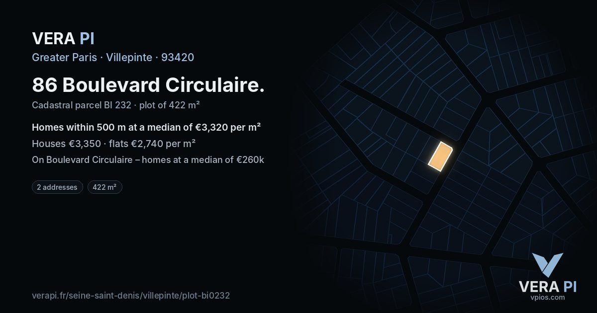 86 Boulevard Circulaire, Villepinte at night – the plot lit, the parcels around coloured by the prices near them