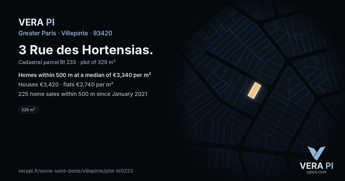 3 Rue des Hortensias, Villepinte at night – the plot lit, the parcels around coloured by the prices near them