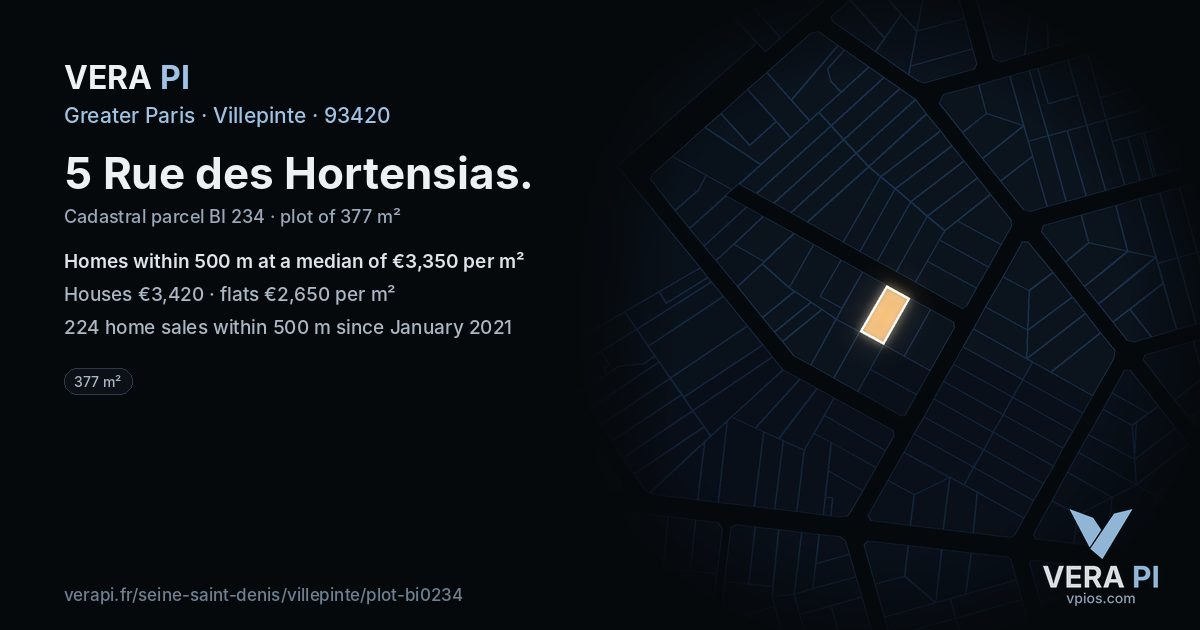 5 Rue des Hortensias, Villepinte at night – the plot lit, the parcels around coloured by the prices near them