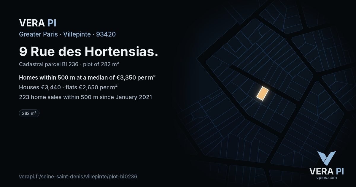 9 Rue des Hortensias, Villepinte at night – the plot lit, the parcels around coloured by the prices near them