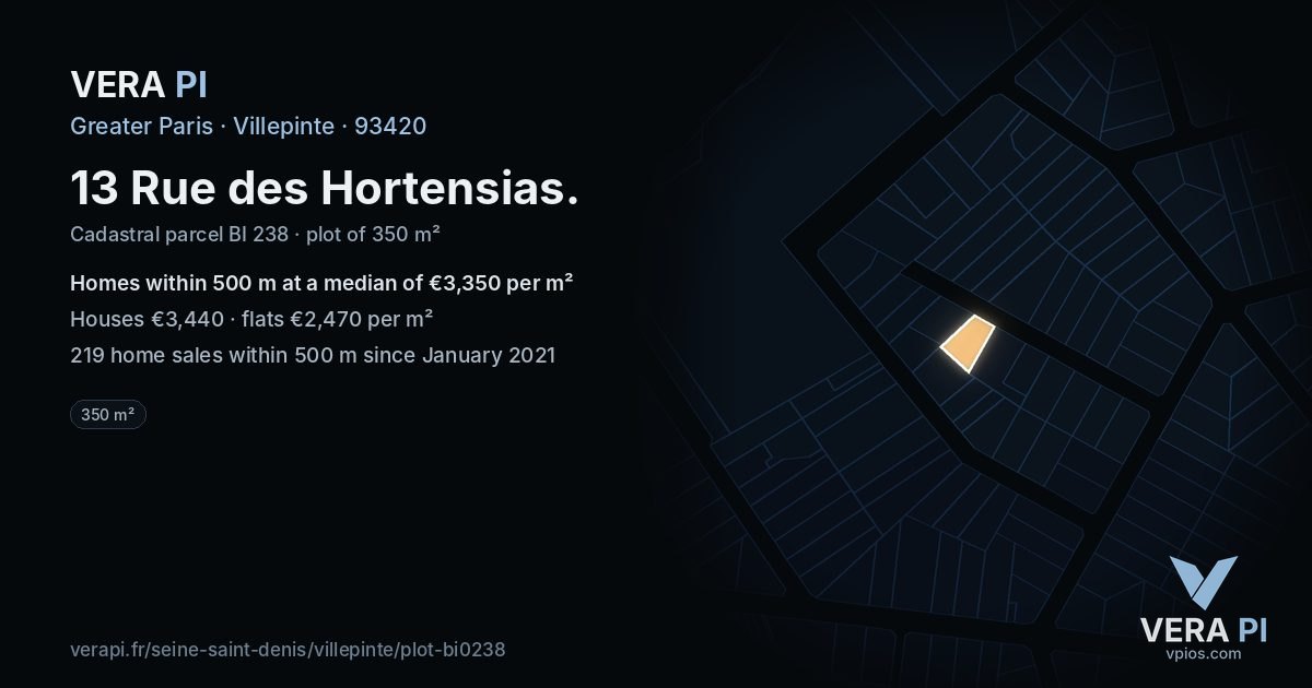 13 Rue des Hortensias, Villepinte at night – the plot lit, the parcels around coloured by the prices near them