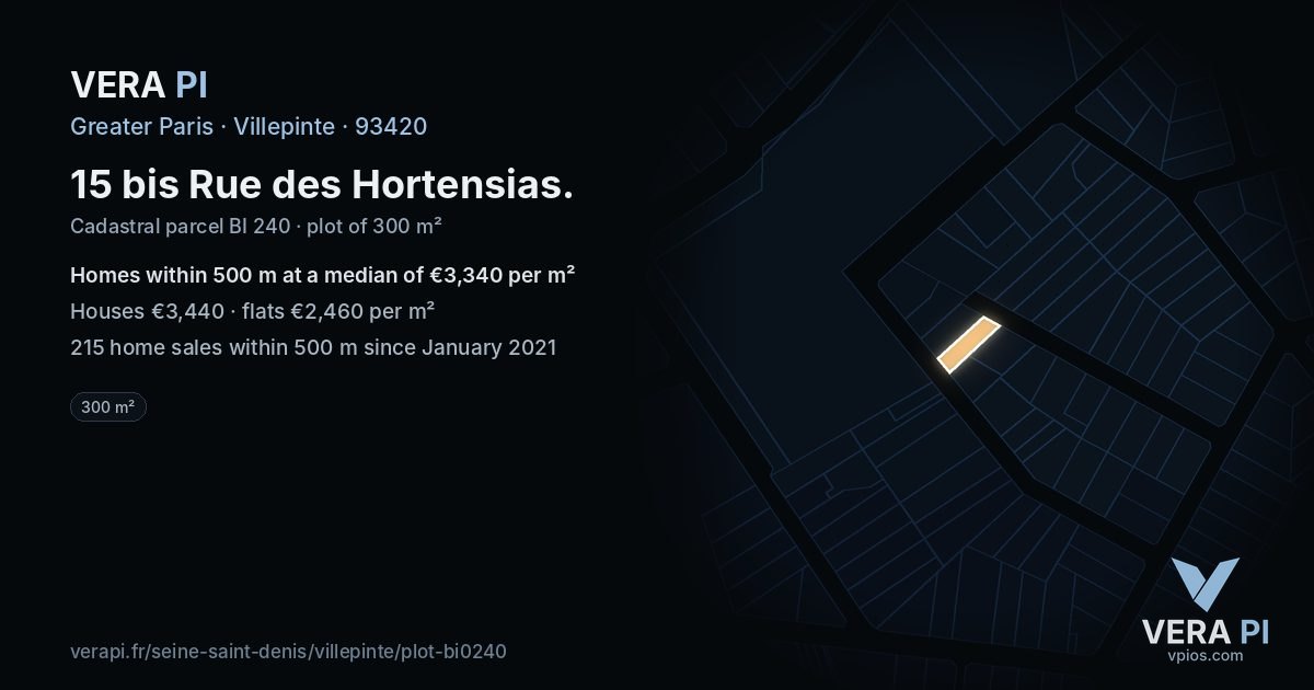 15 bis Rue des Hortensias, Villepinte at night – the plot lit, the parcels around coloured by the prices near them