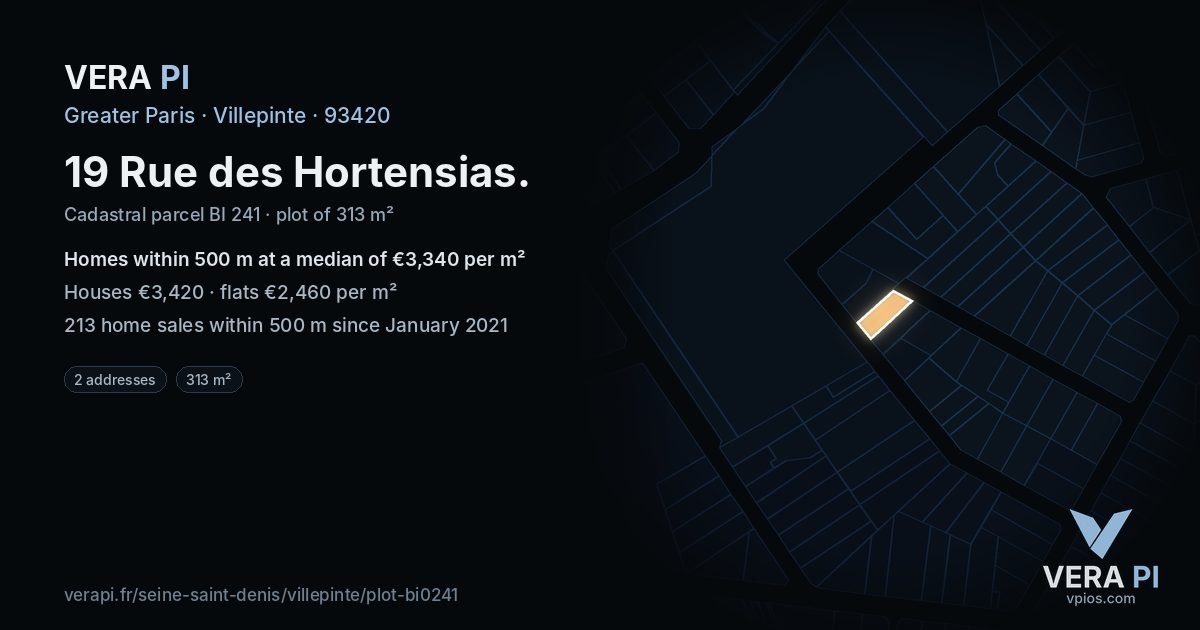 19 Rue des Hortensias, Villepinte at night – the plot lit, the parcels around coloured by the prices near them
