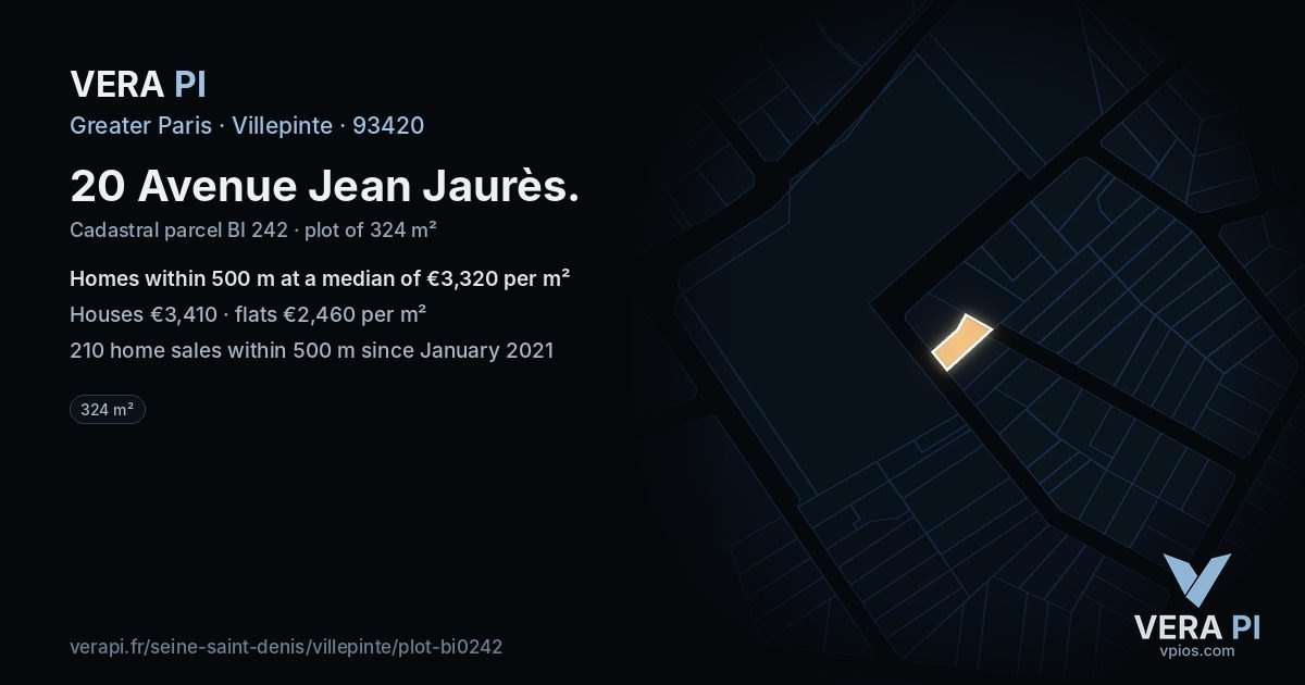 20 Avenue Jean Jaurès, Villepinte at night – the plot lit, the parcels around coloured by the prices near them