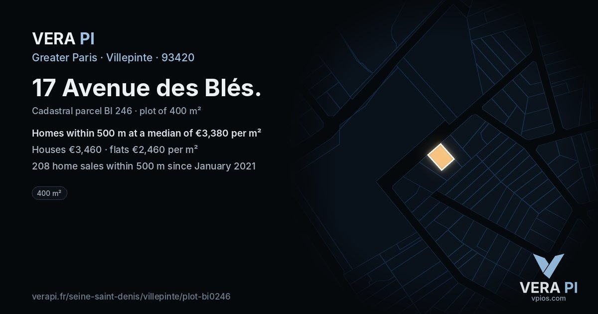 17 Avenue des Blés, Villepinte at night – the plot lit, the parcels around coloured by the prices near them