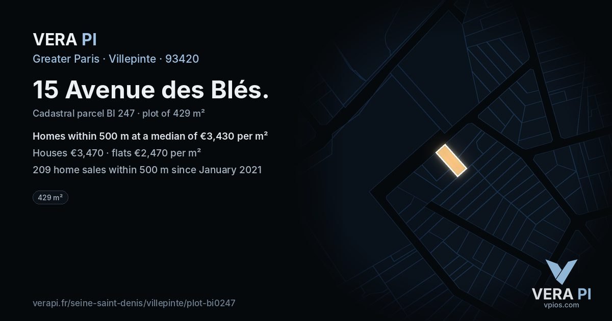 15 Avenue des Blés, Villepinte at night – the plot lit, the parcels around coloured by the prices near them