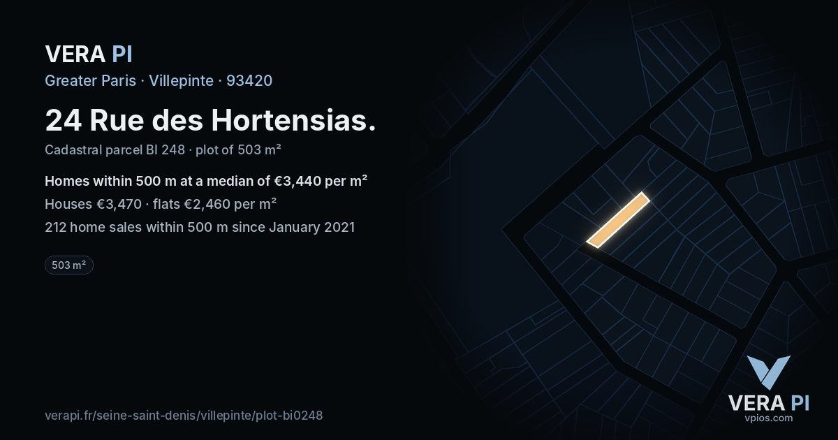 24 Rue des Hortensias, Villepinte at night – the plot lit, the parcels around coloured by the prices near them