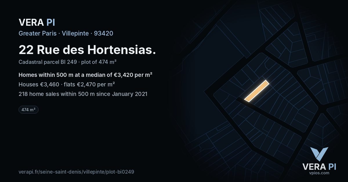 22 Rue des Hortensias, Villepinte at night – the plot lit, the parcels around coloured by the prices near them