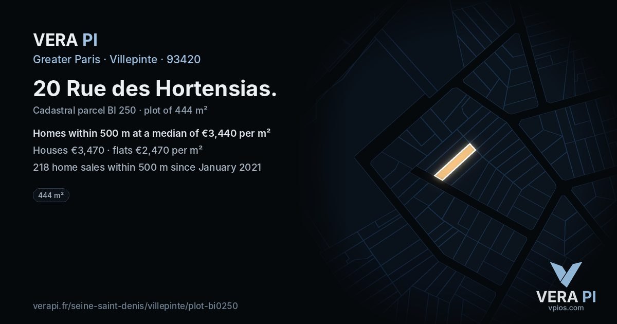 20 Rue des Hortensias, Villepinte at night – the plot lit, the parcels around coloured by the prices near them
