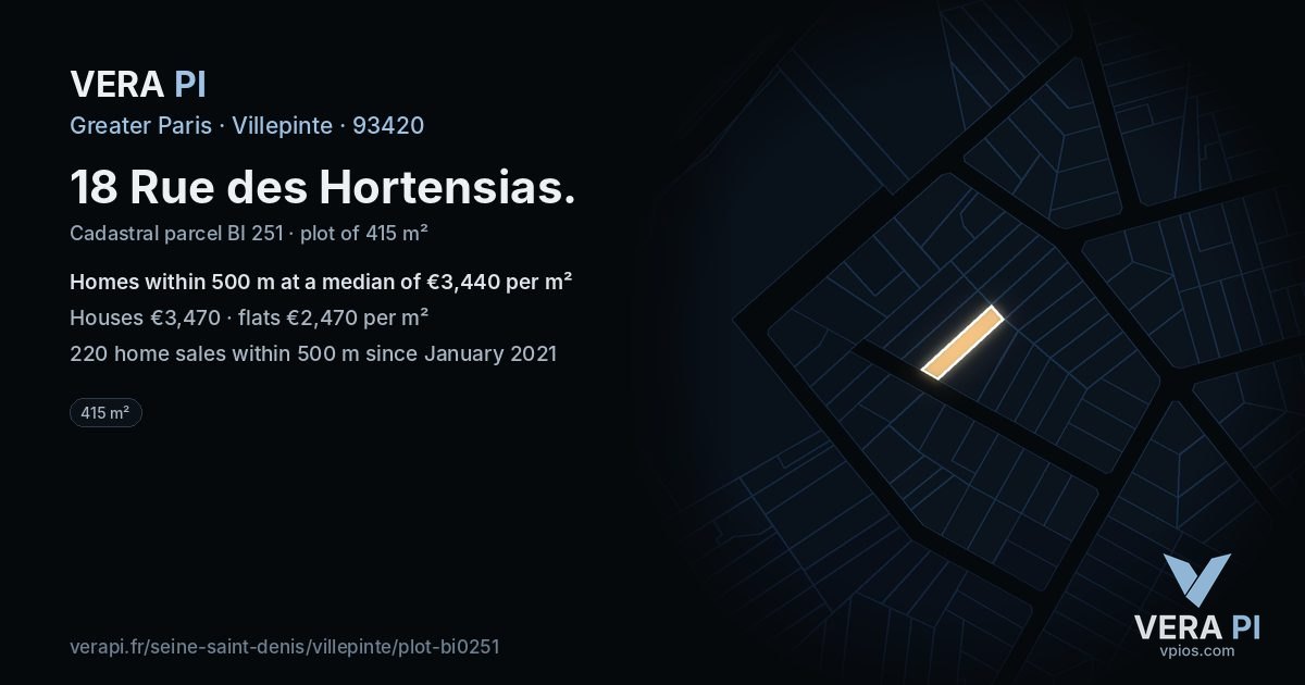 18 Rue des Hortensias, Villepinte at night – the plot lit, the parcels around coloured by the prices near them