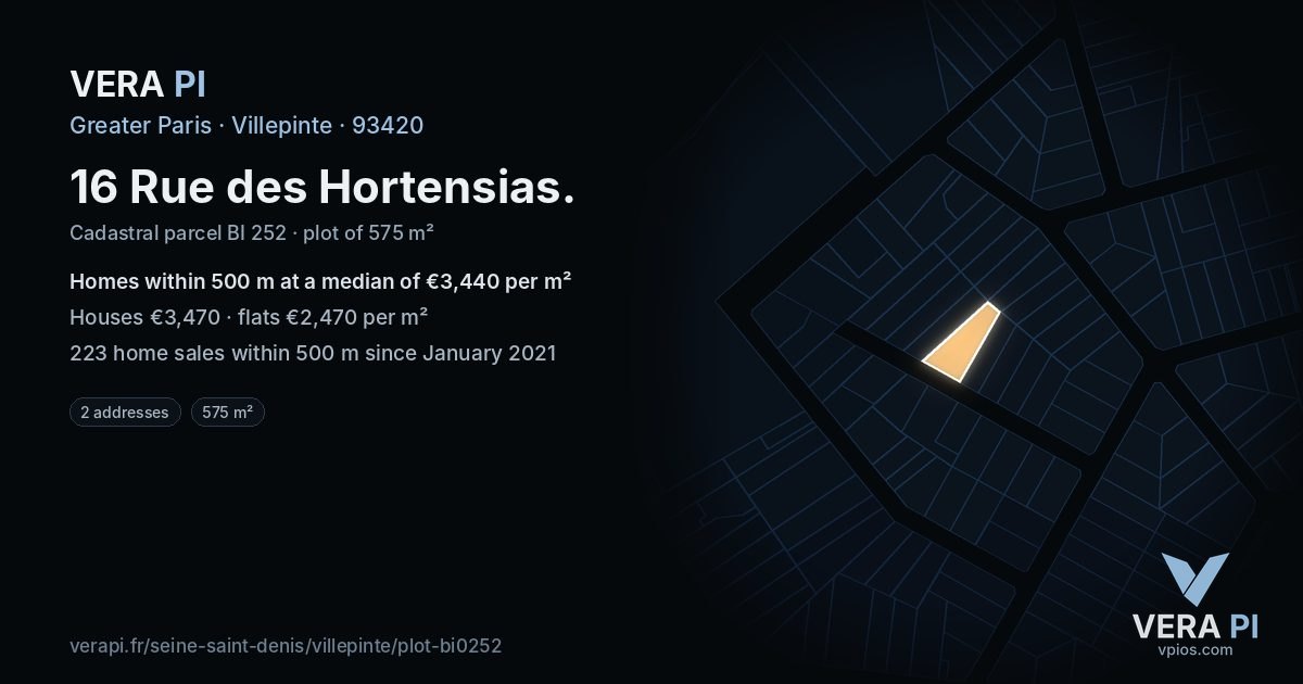 16 Rue des Hortensias, Villepinte at night – the plot lit, the parcels around coloured by the prices near them