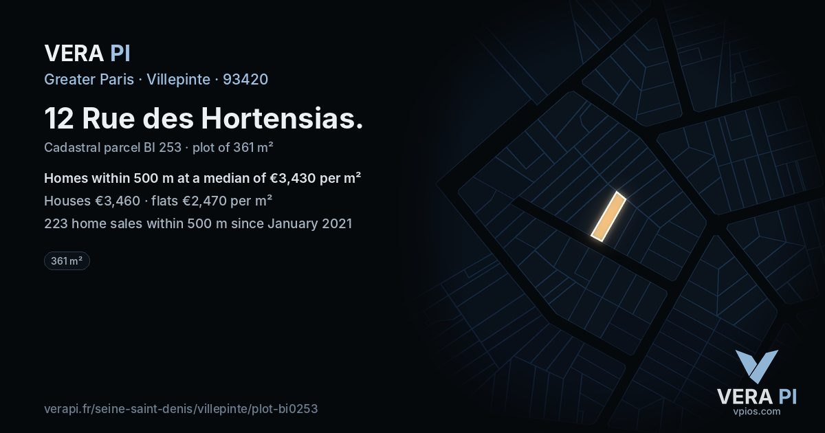 12 Rue des Hortensias, Villepinte at night – the plot lit, the parcels around coloured by the prices near them