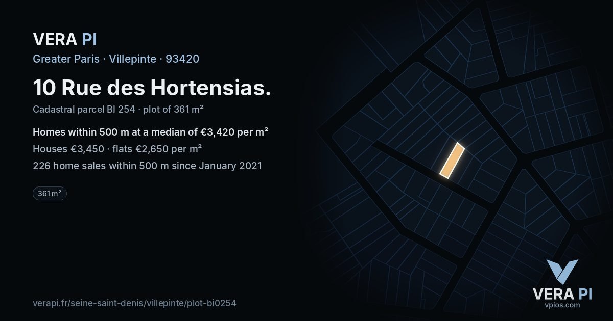 10 Rue des Hortensias, Villepinte at night – the plot lit, the parcels around coloured by the prices near them