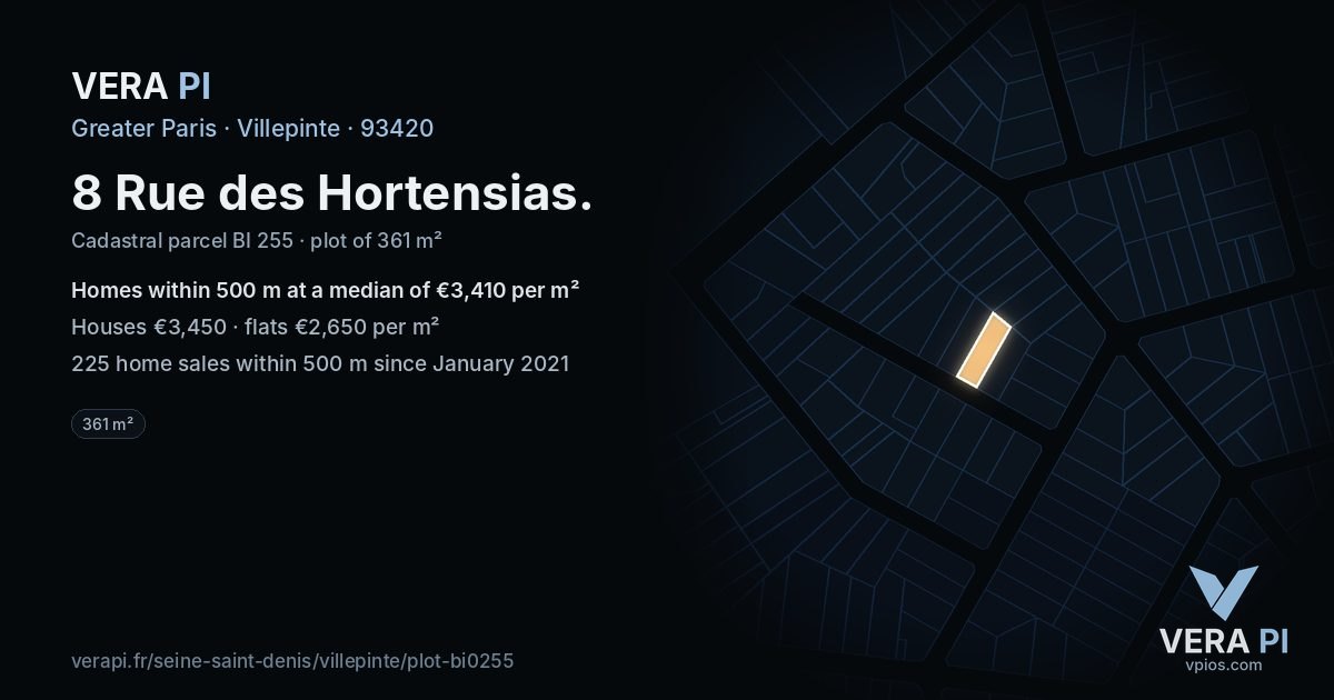 8 Rue des Hortensias, Villepinte at night – the plot lit, the parcels around coloured by the prices near them
