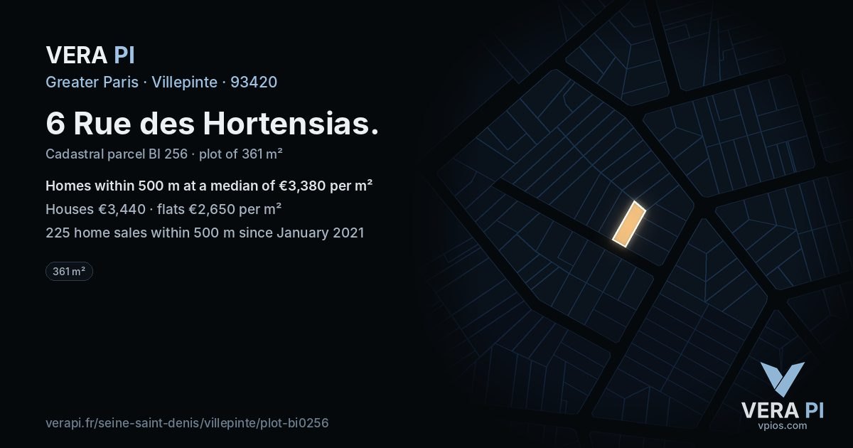 6 Rue des Hortensias, Villepinte at night – the plot lit, the parcels around coloured by the prices near them