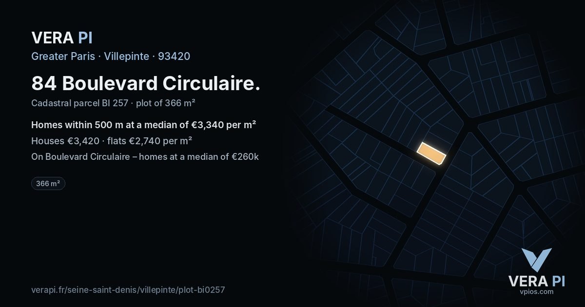 84 Boulevard Circulaire, Villepinte at night – the plot lit, the parcels around coloured by the prices near them