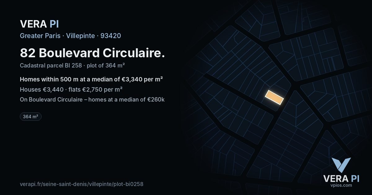 82 Boulevard Circulaire, Villepinte at night – the plot lit, the parcels around coloured by the prices near them