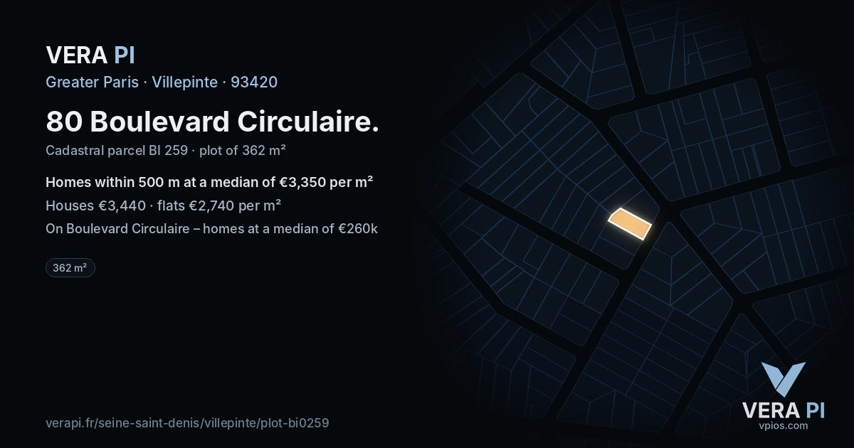 80 Boulevard Circulaire, Villepinte at night – the plot lit, the parcels around coloured by the prices near them