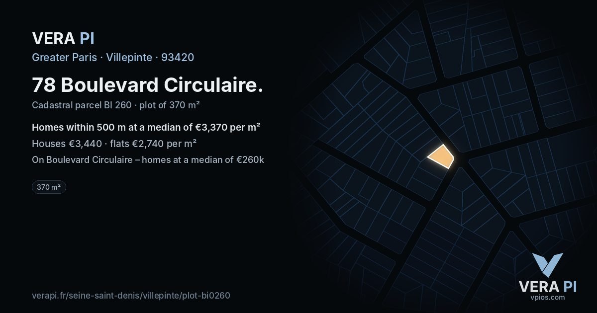 78 Boulevard Circulaire, Villepinte at night – the plot lit, the parcels around coloured by the prices near them