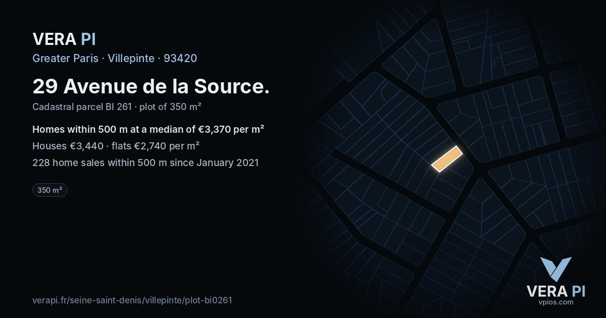 29 Avenue de la Source, Villepinte at night – the plot lit, the parcels around coloured by the prices near them