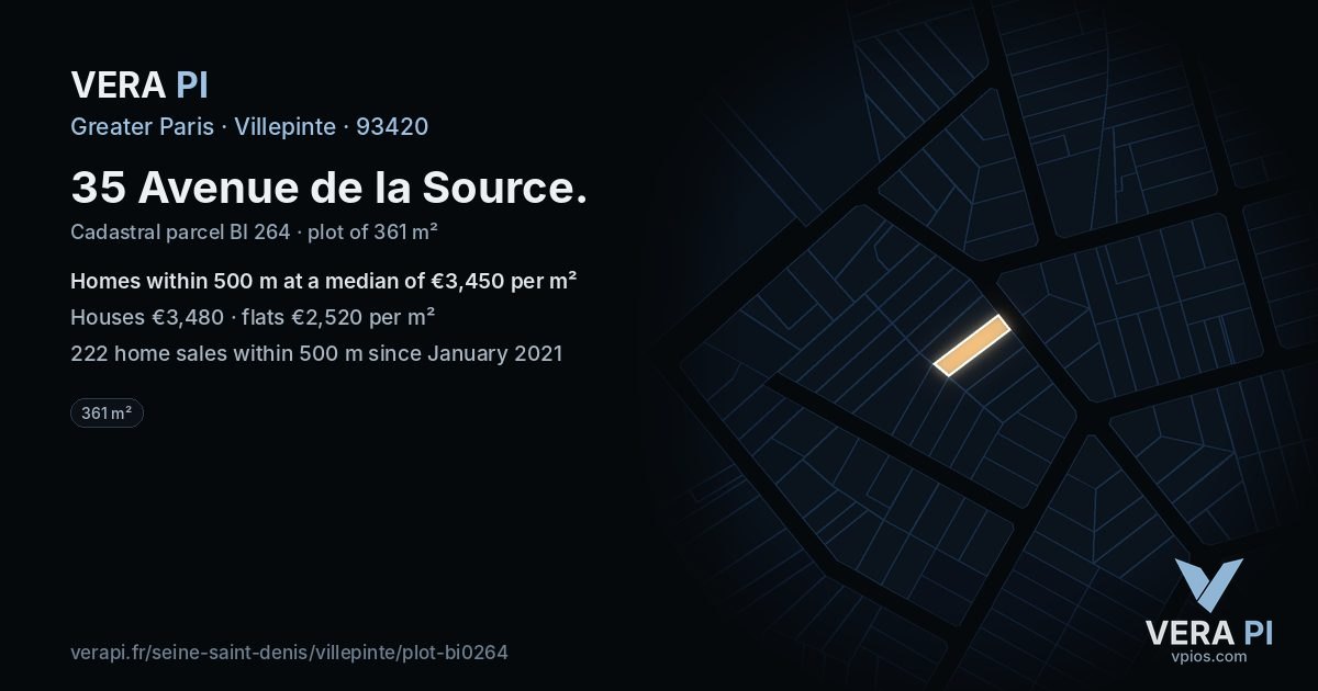 35 Avenue de la Source, Villepinte at night – the plot lit, the parcels around coloured by the prices near them