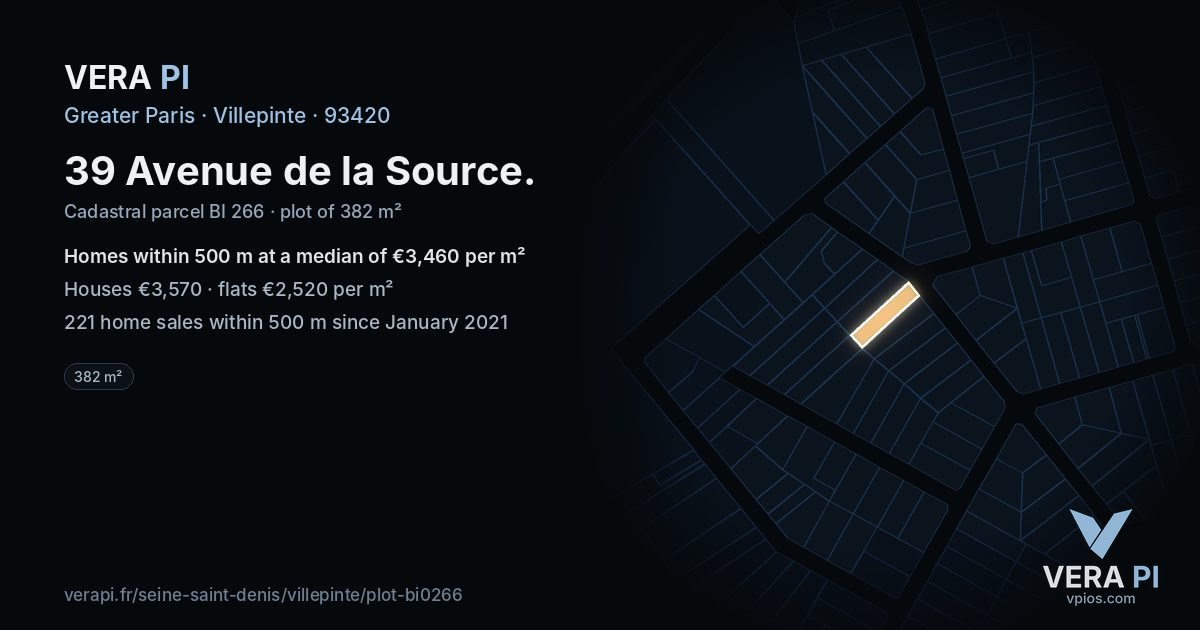 39 Avenue de la Source, Villepinte at night – the plot lit, the parcels around coloured by the prices near them