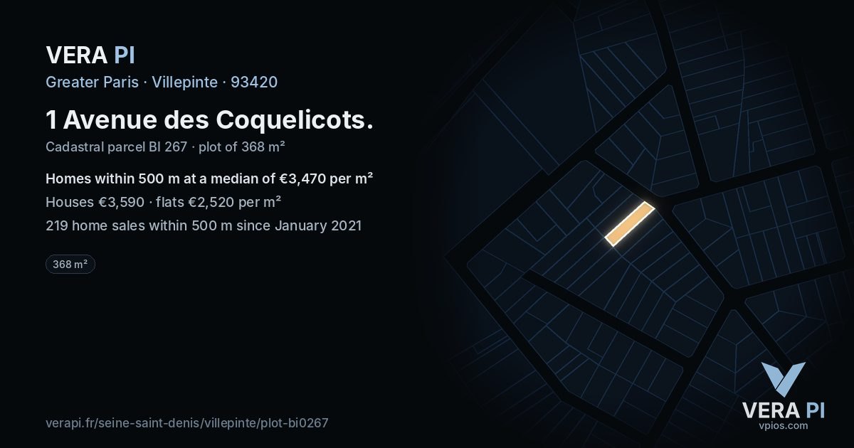 1 Avenue des Coquelicots, Villepinte at night – the plot lit, the parcels around coloured by the prices near them