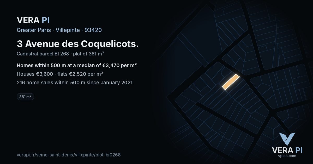 3 Avenue des Coquelicots, Villepinte at night – the plot lit, the parcels around coloured by the prices near them