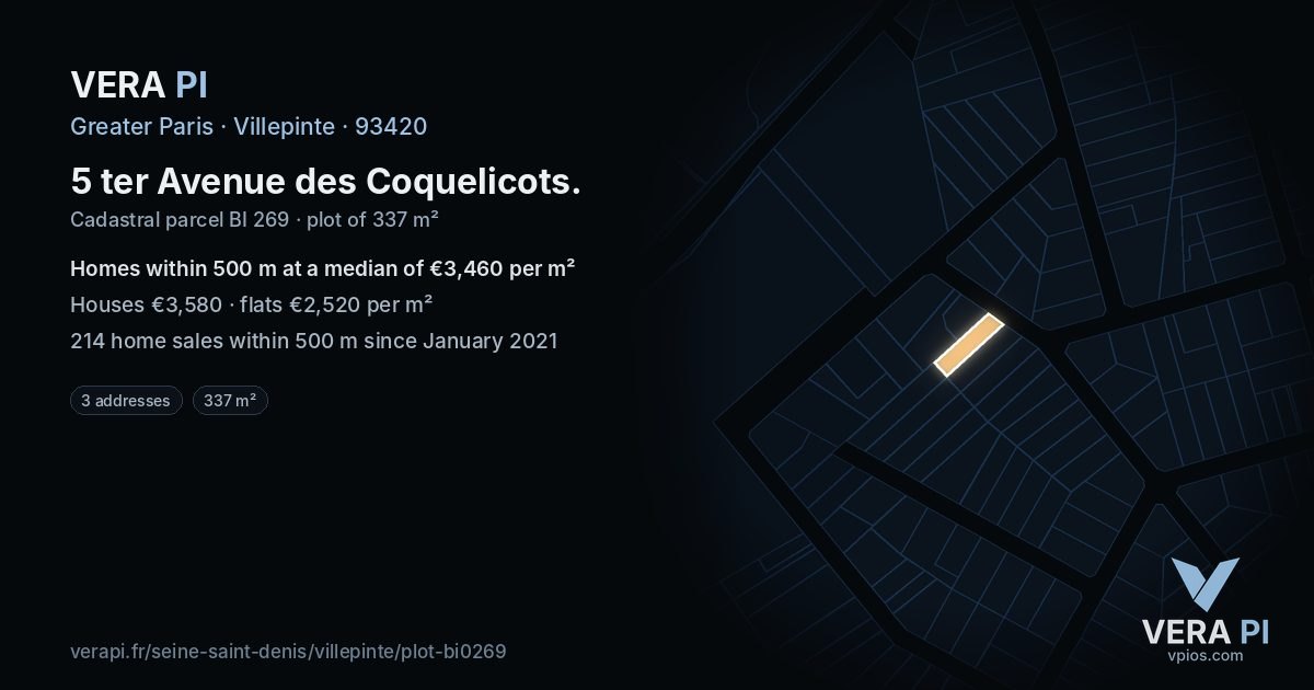 5 ter Avenue des Coquelicots, Villepinte at night – the plot lit, the parcels around coloured by the prices near them