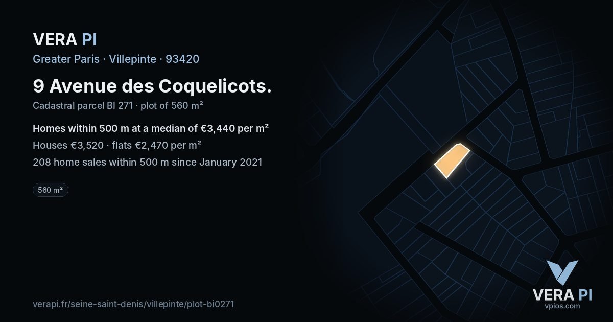 9 Avenue des Coquelicots, Villepinte at night – the plot lit, the parcels around coloured by the prices near them