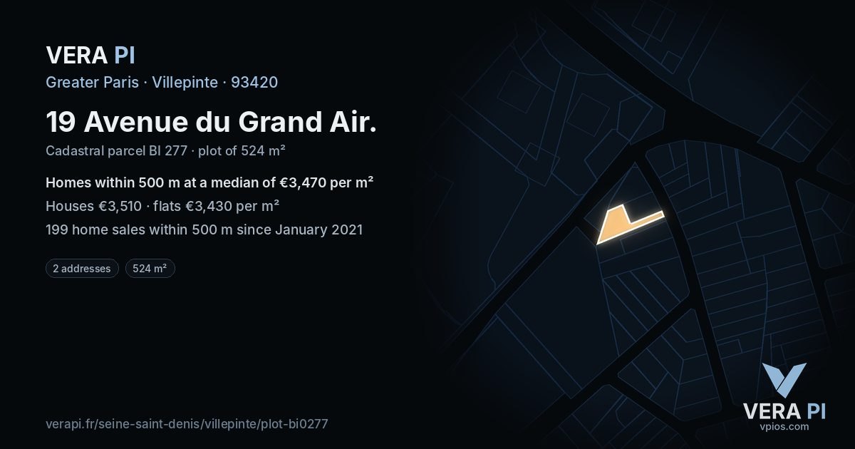 19 Avenue du Grand Air, Villepinte at night – the plot lit, the parcels around coloured by the prices near them