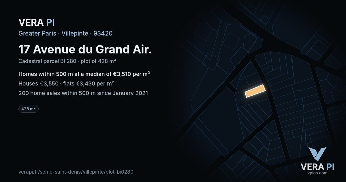 17 Avenue du Grand Air, Villepinte at night – the plot lit, the parcels around coloured by the prices near them