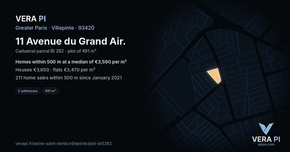 11 Avenue du Grand Air, Villepinte at night – the plot lit, the parcels around coloured by the prices near them
