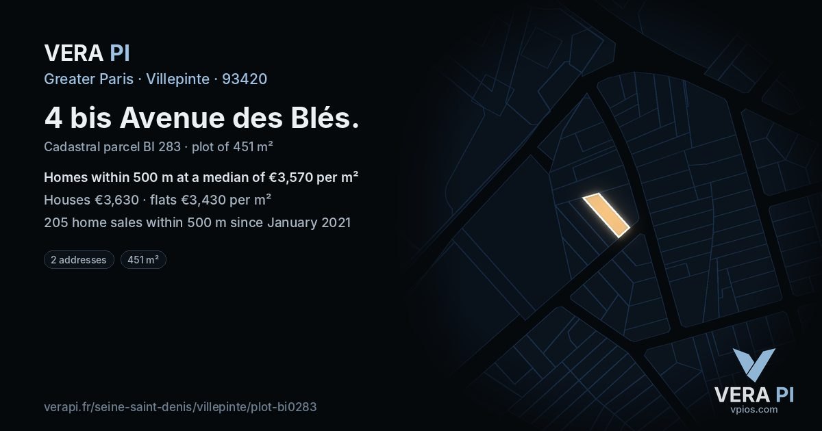 4 bis Avenue des Blés, Villepinte at night – the plot lit, the parcels around coloured by the prices near them