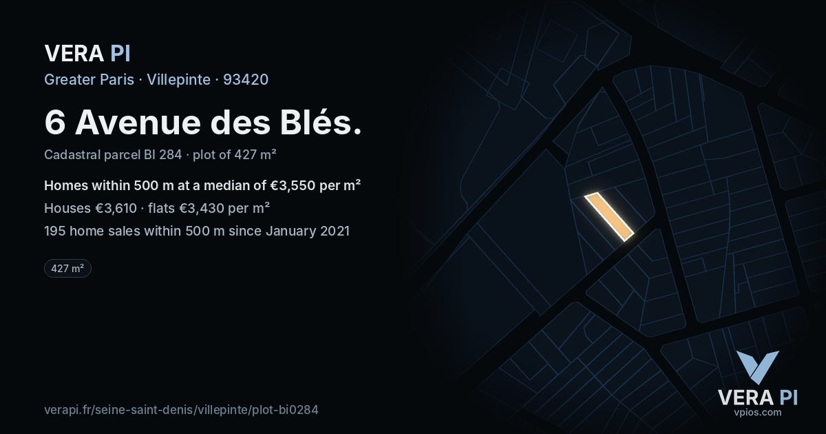 6 Avenue des Blés, Villepinte at night – the plot lit, the parcels around coloured by the prices near them