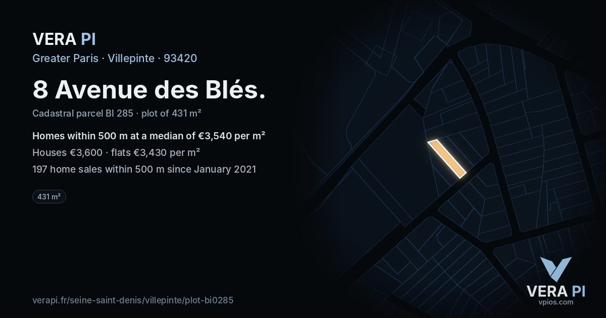 8 Avenue des Blés, Villepinte at night – the plot lit, the parcels around coloured by the prices near them