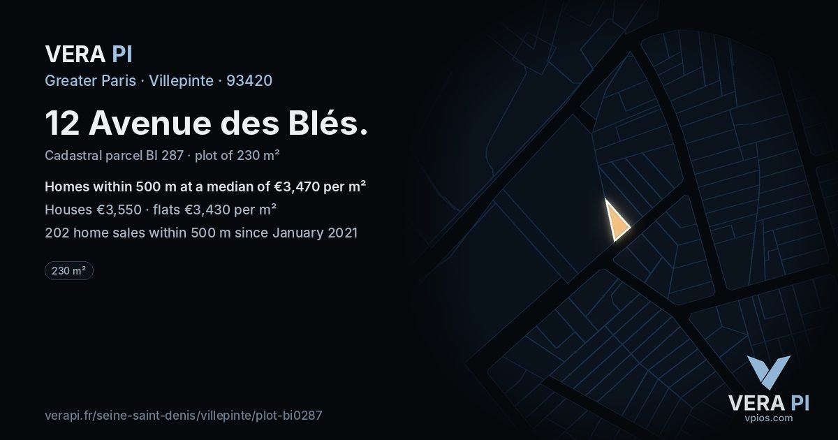 12 Avenue des Blés, Villepinte at night – the plot lit, the parcels around coloured by the prices near them