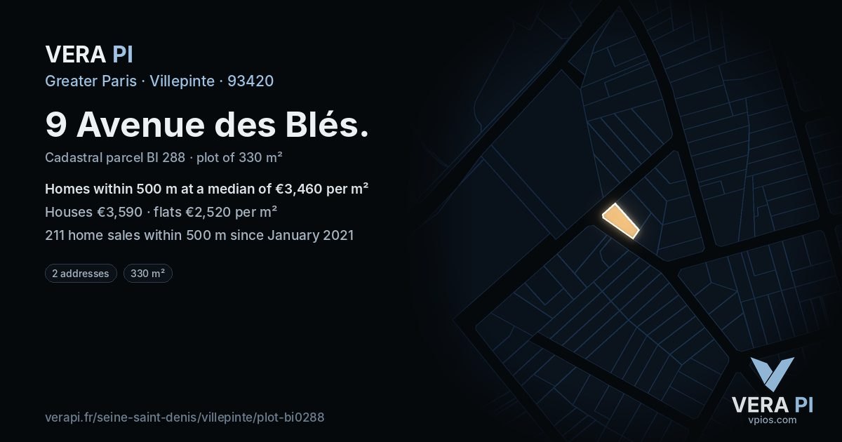 9 Avenue des Blés, Villepinte at night – the plot lit, the parcels around coloured by the prices near them