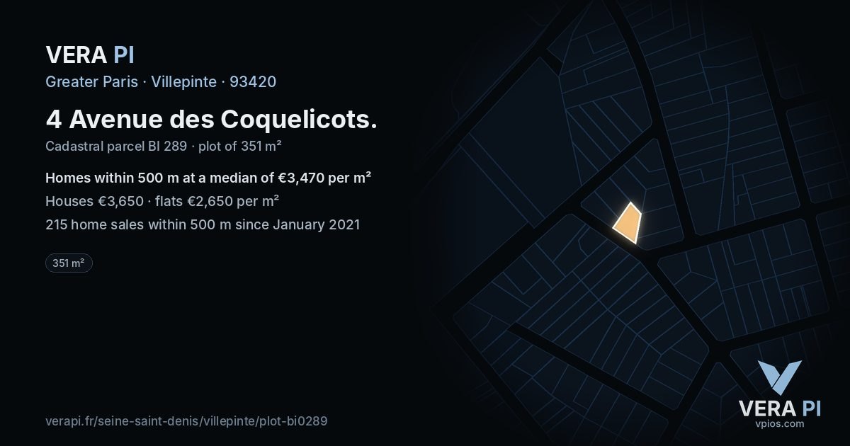 4 Avenue des Coquelicots, Villepinte at night – the plot lit, the parcels around coloured by the prices near them