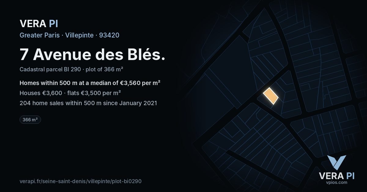 7 Avenue des Blés, Villepinte at night – the plot lit, the parcels around coloured by the prices near them